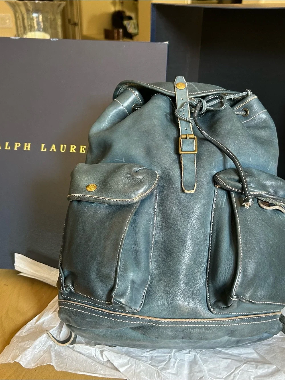Ralph Lauren Double RL Indigo Leather Backpack. New